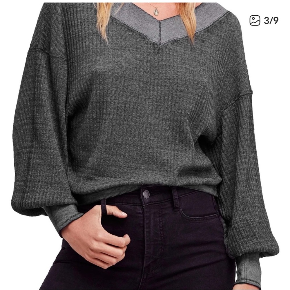 Free People We The Free South Side Thermal Waffle Knit Top Charcoal‎ Gray M